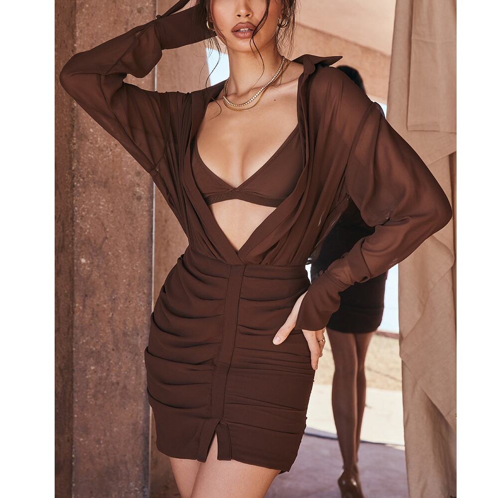 House of CB Cleo Brown Shirt Sheer Dress XS Extra Small